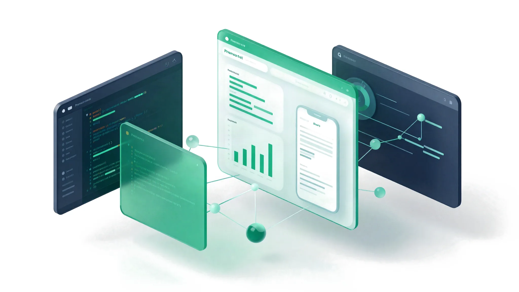 Illustration of floating software interfaces: a code editor, an analytics dashboard and a mobile app connected by data nodes